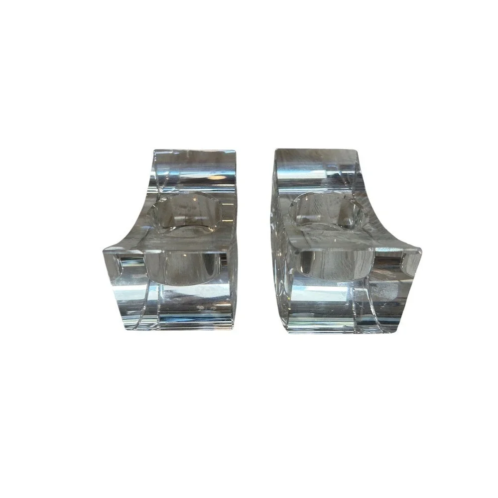 Oleg Cassini Crystal Candle‎ Holders Pair Signed Clear Glass Bridge Crescent MCM